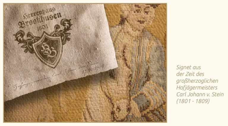 historisches Hauswappen des Herrenhauses Brookhusen auf Rückseite eines Wandbildes