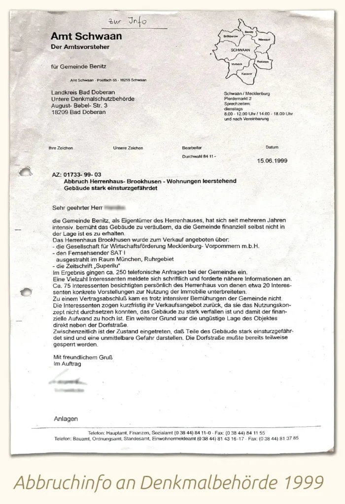 Abbruchschreiben 1999 an Denkmalbehörde zur Historie des Herrenhauses Brookhusen