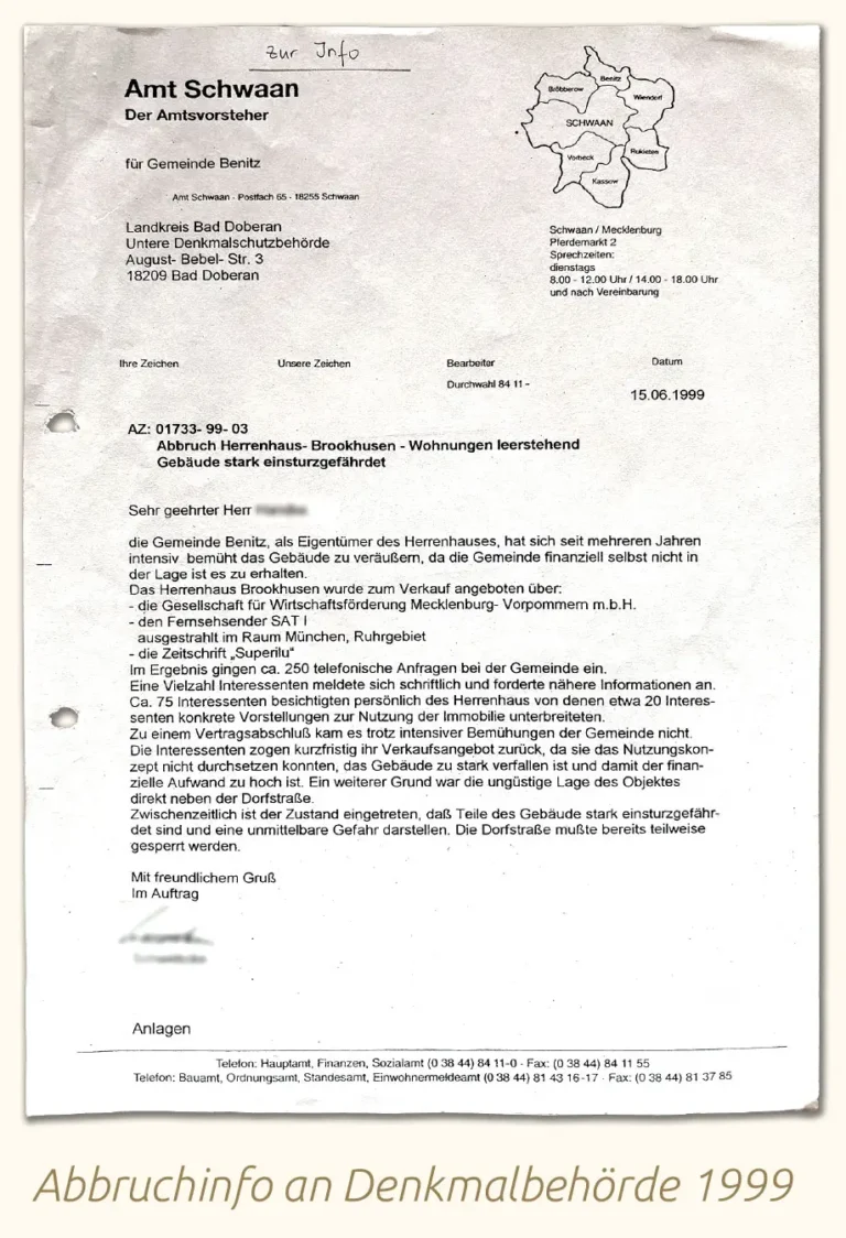 Abbruchschreiben 1999 an Denkmalbehörde zur Historie des Herrenhauses Brookhusen